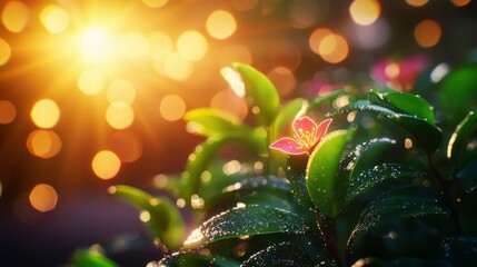 A vibrant close-up of green leaves with a delicate pink flower, glistening with dew, illuminated by warm sunlight and soft bokeh.