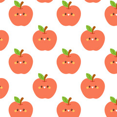 Seamless pattern of cute smiling apples with rosy cheeks and green leaves on white.
 Perfect for kids’ textiles, fruit-themed prints, and playful summer designs.