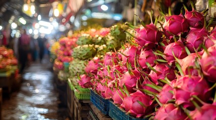 Naklejka premium Dragon fruit in a market stall with people in the background.