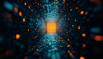 A vibrant tunnel of blue and orange pixels converging towards a glowing orange center, evoking a sense of depth and digital innovation.