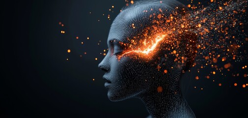 A futuristic, abstract representation of a human head with digital particles and sparks emanating, symbolizing creativity and technological advancement.