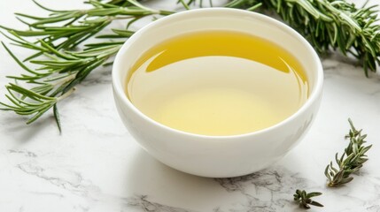 Aesthetically Pleasing Herbal Tea Setup with Fresh Aromatic Herbs including Rosemary and Thyme Displayed on a Wooden Table Against a White Background