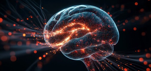 A digital representation of a brain emitting vibrant light trails, symbolizing neural connections and cognitive activity.
