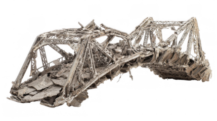 Fallen bridge section isolated on transparent background, showcasing crushed metal and debris, symbolizes destruction caused by earthquake or other disaster