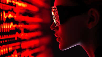 A futuristic figure wearing sleek sunglasses gazes at vibrant red data visuals, embodying advanced technology and digital innovation.