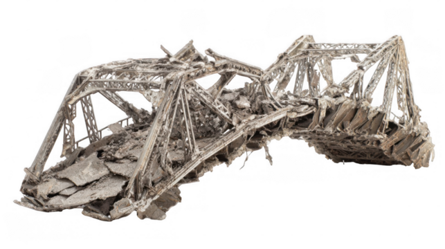 Fallen bridge section isolated on transparent background, showcasing crushed metal and debris, symbolizes destruction caused by earthquake or other disaster - Powered by Adobe