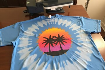 Creating a Tie-Dye T-Shirt Featuring Palm Trees Silhouetted Against the Sunset Using a Heat Press Machine.