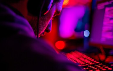 A person focused on a computer screen, immersed in a vibrant, colorful environment with glowing lights and headphones.