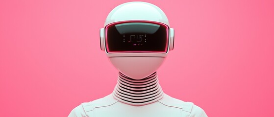 A futuristic robot figure with a smooth, white surface and a sleek visor stands against a vibrant pink background.