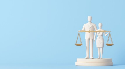 A pair of figurines representing justice, each holding a scale, against a light blue background, symbolizing balance and equality.