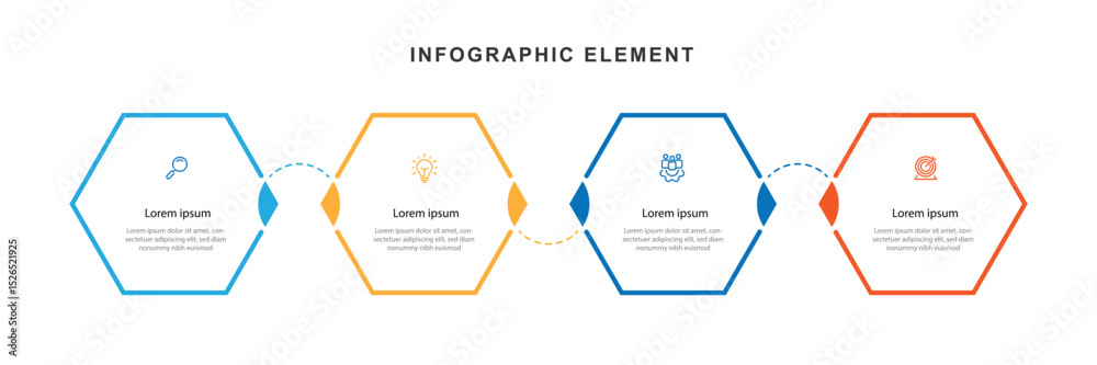 Aufkleber Design template infographic element. 4 step process graphic presentation with icons and hexagon line shaped.