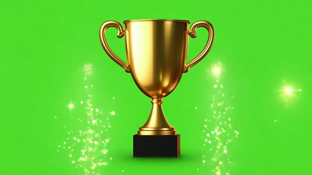 Golden trophy appearing on green screen with sparkling particles