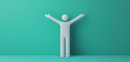 A simple 3D figure in a joyful pose against a teal background, symbolizing happiness and positivity.