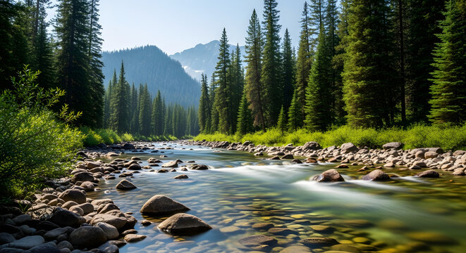 Crystal-clear mountain river flowing over smooth stones, surrounded by tall evergreen trees, refreshing summer scene