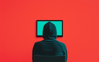 A hooded figure sits in front of a glowing computer screen, set against a vivid red background, emphasizing themes of mystery and digital engagement.