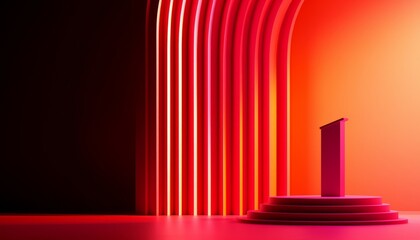 A vibrant, minimalist stage setting with curved lights in red hues, featuring a podium, designed for presentations or speeches.