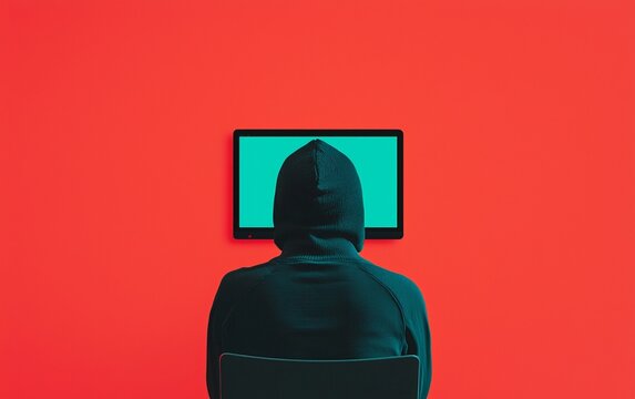 A hooded figure sits in front of a glowing computer screen, set against a vivid red background, emphasizing themes of mystery and digital engagement.