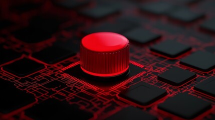 A close-up of a red knob on a dark, circuit-like background, highlighting a modern, tech-inspired design.