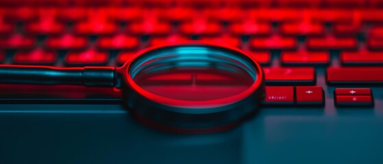 A close-up of a magnifying glass resting on a keyboard, illuminated by red and blue lighting, emphasizing a theme of investigation or digital exploration.