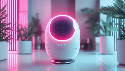 A futuristic robotic device with a glowing pink ring, positioned in a modern environment filled with plants and ambient lighting.