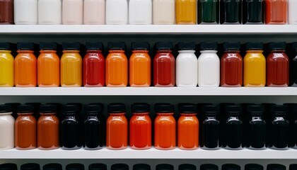 A vibrant display of jars in various colors, neatly arranged on a shelf, showcasing a colorful assortment of sauces or condiments.