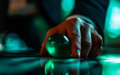 A hand reaches for a glowing green orb on a reflective surface, illuminated by soft, blue-green lighting, creating a mysterious atmosphere.