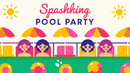 Fototapeta premium Sunny Spashhing Pool Party Fun Illustration Bright Umbrellas Smiling Faces Pool Floaties for a Summer Getaway