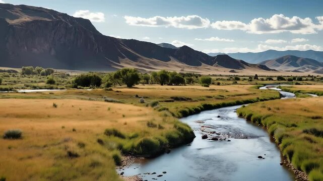 Serpentine river flowing through a golden prairie landscape with distant mountains and a bright blue sky dotted with fluffy clouds