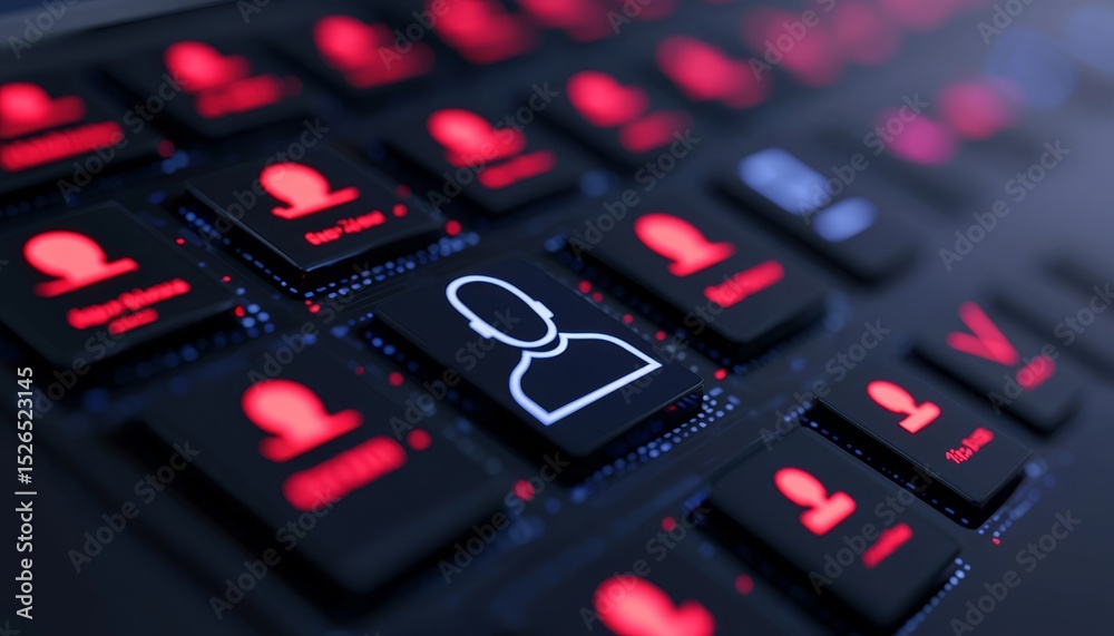 Poster a close-up of a keyboard with illuminated keys, featuring a prominent user icon highlighted in white