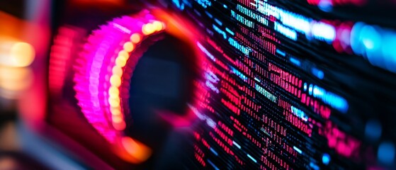 Close-up of a vibrant digital interface with colorful lights and data streams, showcasing technology and modern design aesthetics.