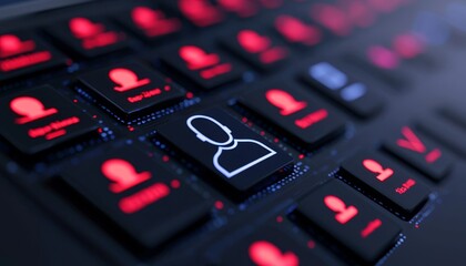 A close-up of a keyboard with illuminated keys, featuring a prominent user icon highlighted in white among other red icons.