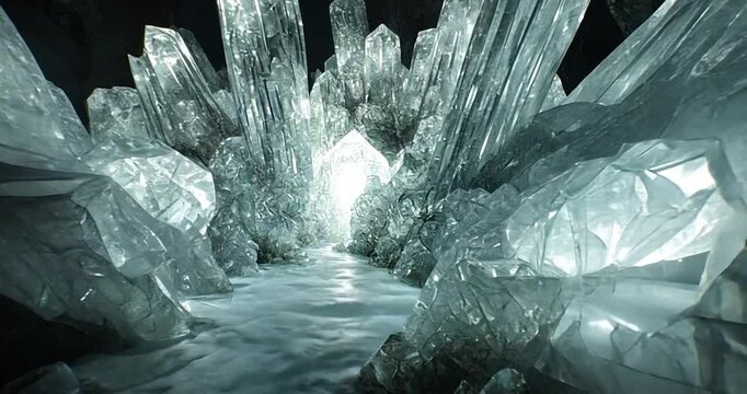 Ice crystal with a mystical aesthetic. The video depicts a luminous path through the ice crystal and the light coming from a light source