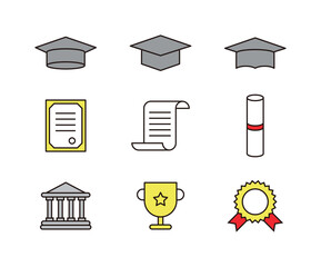 A set of graduation related icons in a minimalistic and simple style. Graduation cap, diploma, trophy, certificate, diploma.