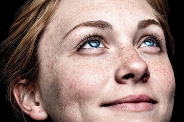 Fototapeta premium A young woman with blonde hair and freckles looks up, displaying her blue eyes filled with contemplation and peace