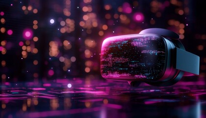 A futuristic VR headset displayed against a vibrant, colorful background filled with glowing particles and digital effects.