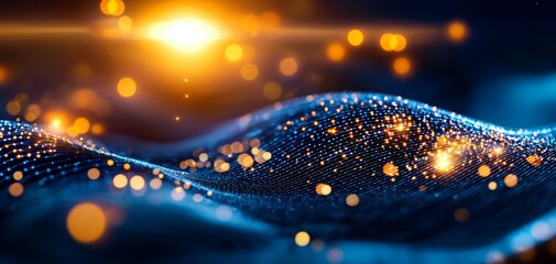 An abstract digital landscape featuring shimmering waves of blue and golden light, evoking a sense of depth and movement.