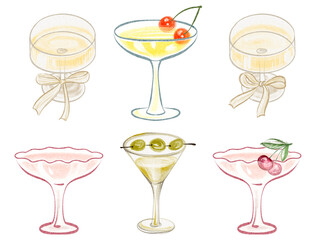 Watercolor illustration of assorted cocktails with martini, champagne, cherries, and olives. Hand drawn elegant drinks in glasses. Perfect for bar menus, parties, and drink themed designs.