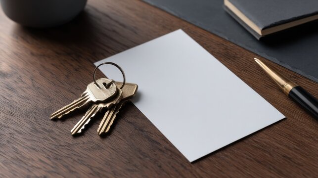 A white piece of paper with a key on it sits on a wooden table