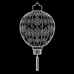 Line drawing of a Chinese lantern with an intricate traditional Chinese pattern (clouds, waves or flowers) incorporated into the negative space inside the lantern body.