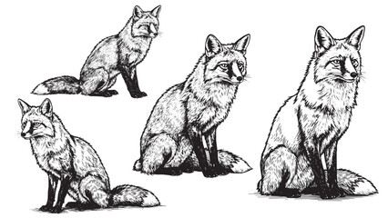 Engraved fox sitting calmly bushy tail upright pose detailed fur vintage traditional woodcut illustration