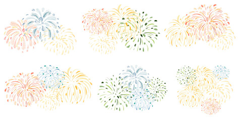 Watercolor illustration showing various fireworks and salutes. Hand-drawn style with colorful bursts and sparks. Ideal for holiday and party celebration designs.