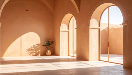 Mediterranean arched interior with sunlight casting warm shadows on terracotta and beige textured walls
