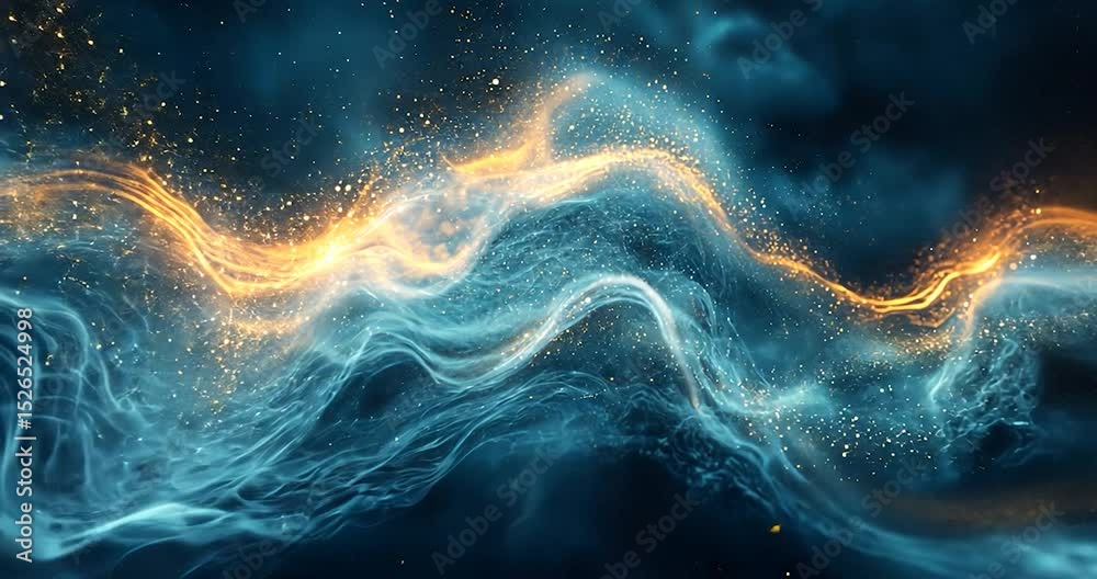 Wall mural the image features abstract flowing golden fluid lines and shapes against a dark background with bri