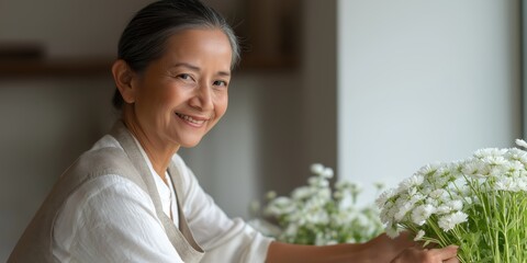 A senior woman smiling while arranging beautiful flowers at home