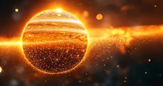 Fiery planet with a starry background and glowing effect of golden particles, perfect for background of space, celestial themes