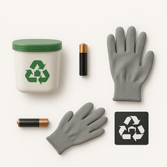 Recycle bin, battery, protective glove show responsibility for waste sorting