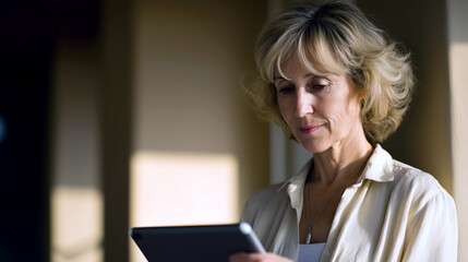 A happy Caucasian lady is engaged with her tablet in a well-lit indoor environment, showcasing a relaxed and cheerful attitude while enjoying the experience of digital communication.