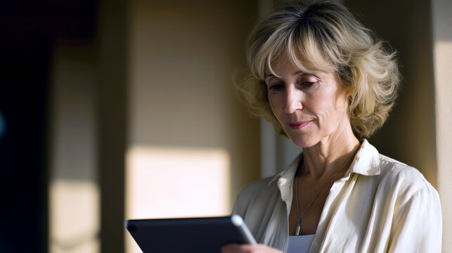 A happy Caucasian lady is engaged with her tablet in a well-lit indoor environment, showcasing a relaxed and cheerful attitude while enjoying the experience of digital communication.