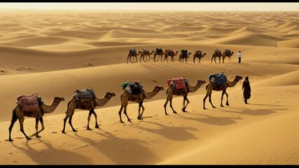 Camel caravan walking across expansive desert dunes during sunset with long shadows and warm golden light - Powered by Adobe