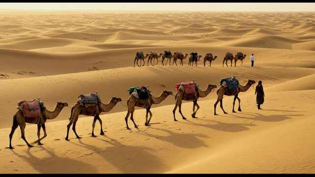 Camel caravan walking across expansive desert dunes during sunset with long shadows and warm golden light